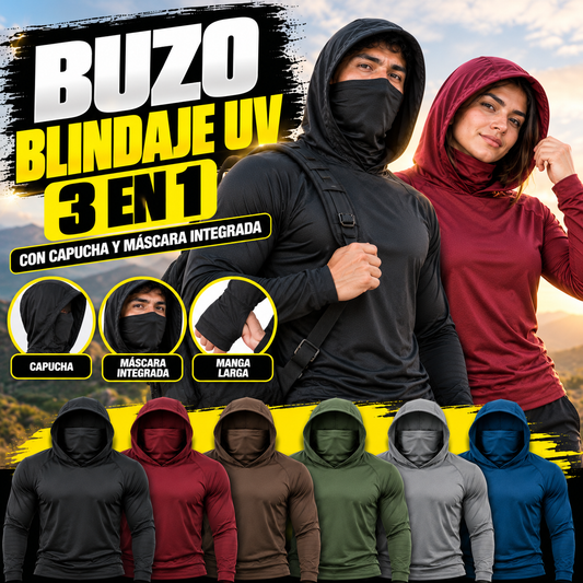 BUZO BLINDAJE UV 3 EN 1 CON CAPUCHA Y MASCARA INTEGRADA